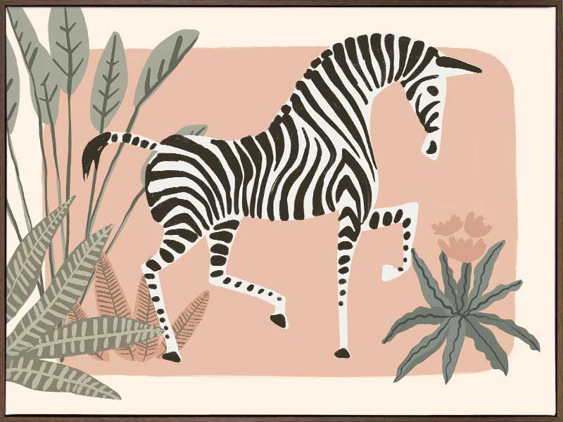 Graceful zebra stepping through leafy jungle plants on a soft peach background, from the Little Tails Collection by Urban Road.