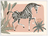 Graceful zebra stepping through leafy jungle plants on a soft peach background, from the Little Tails Collection by Urban Road.