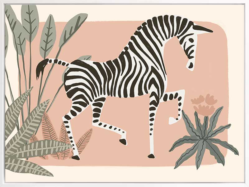 Graceful zebra stepping through leafy jungle plants on a soft peach background, from the Little Tails Collection by Urban Road.