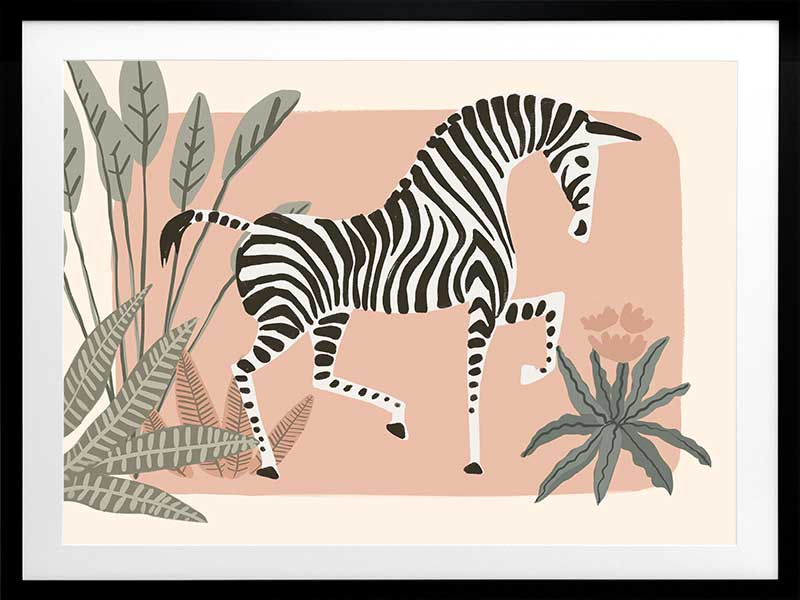 Graceful zebra stepping through leafy jungle plants on a soft peach background, from the Little Tails Collection by Urban Road.