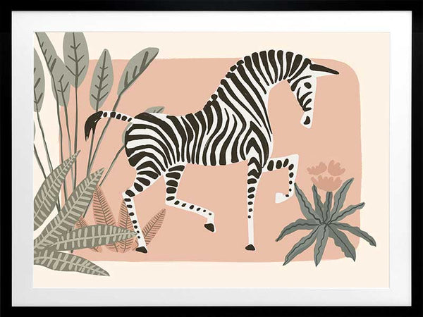 Graceful zebra stepping through leafy jungle plants on a soft peach background, from the Little Tails Collection by Urban Road.
