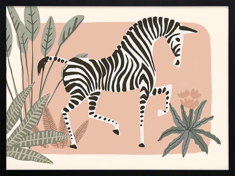 Graceful zebra stepping through leafy jungle plants on a soft peach background, from the Little Tails Collection by Urban Road.