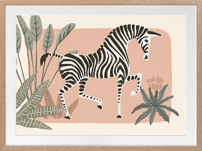 Graceful zebra stepping through leafy jungle plants on a soft peach background, from the Little Tails Collection by Urban Road.