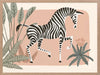 Graceful zebra stepping through leafy jungle plants on a soft peach background, from the Little Tails Collection by Urban Road.