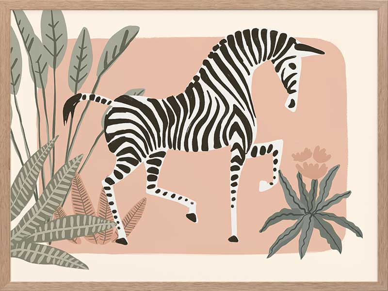 Graceful zebra stepping through leafy jungle plants on a soft peach background, from the Little Tails Collection by Urban Road.