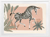 Graceful zebra stepping through leafy jungle plants on a soft peach background, from the Little Tails Collection by Urban Road.