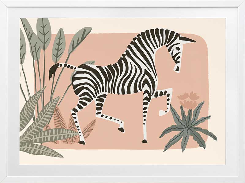 Graceful zebra stepping through leafy jungle plants on a soft peach background, from the Little Tails Collection by Urban Road.