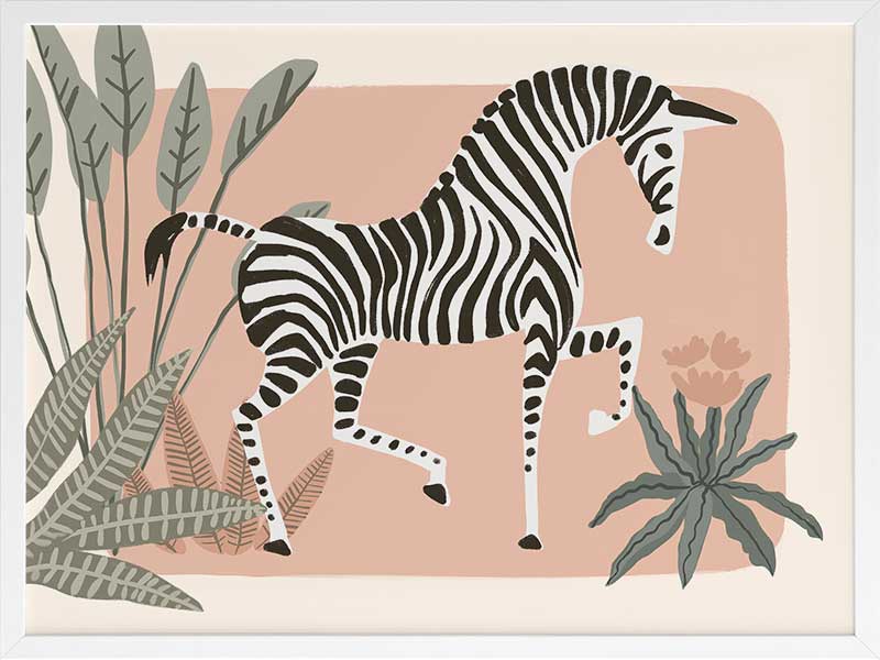 Graceful zebra stepping through leafy jungle plants on a soft peach background, from the Little Tails Collection by Urban Road.