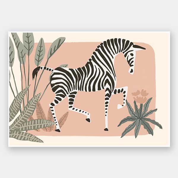 Graceful zebra stepping through leafy jungle plants on a soft peach background, from the Little Tails Collection by Urban Road.