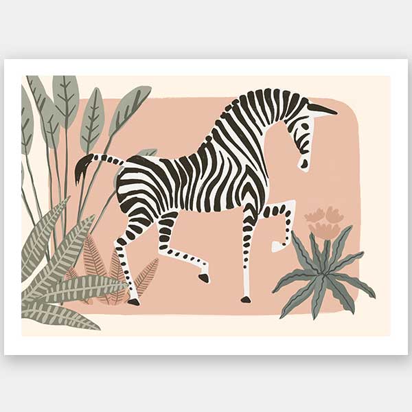 Graceful zebra stepping through leafy jungle plants on a soft peach background, from the Little Tails Collection by Urban Road.