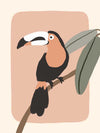 Friendly toucan perched on a branch with large leaves and a blush pastel surround, from the Little Tails Collection by Urban Road.
