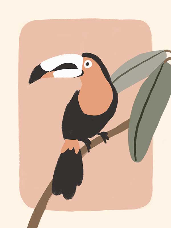 Friendly toucan perched on a branch with large leaves and a blush pastel surround, from the Little Tails Collection by Urban Road.