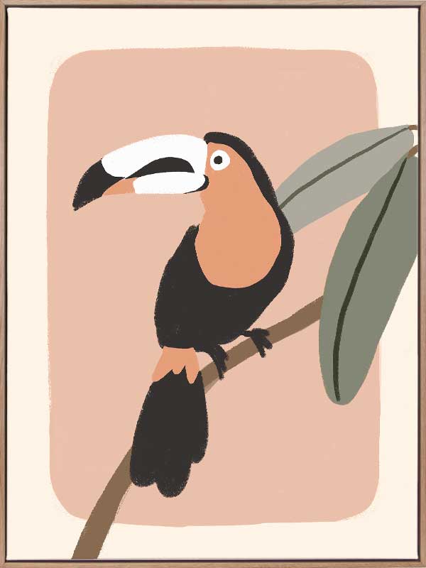 Friendly toucan perched on a branch with large leaves and a blush pastel surround, from the Little Tails Collection by Urban Road.