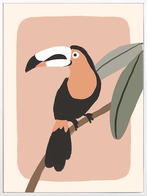 Friendly toucan perched on a branch with large leaves and a blush pastel surround, from the Little Tails Collection by Urban Road.