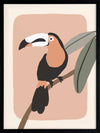 Friendly toucan perched on a branch with large leaves and a blush pastel surround, from the Little Tails Collection by Urban Road.