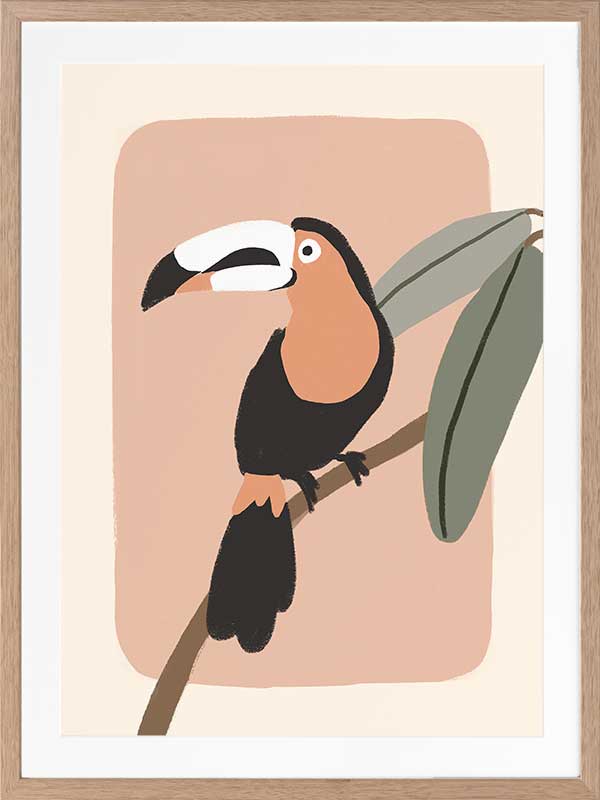 Friendly toucan perched on a branch with large leaves and a blush pastel surround, from the Little Tails Collection by Urban Road.
