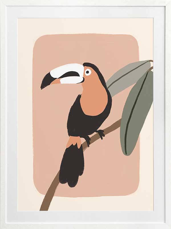 Friendly toucan perched on a branch with large leaves and a blush pastel surround, from the Little Tails Collection by Urban Road.