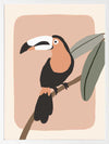 Friendly toucan perched on a branch with large leaves and a blush pastel surround, from the Little Tails Collection by Urban Road.