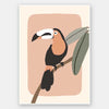 Friendly toucan perched on a branch with large leaves and a blush pastel surround, from the Little Tails Collection by Urban Road.