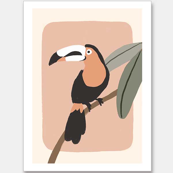 Friendly toucan perched on a branch with large leaves and a blush pastel surround, from the Little Tails Collection by Urban Road.