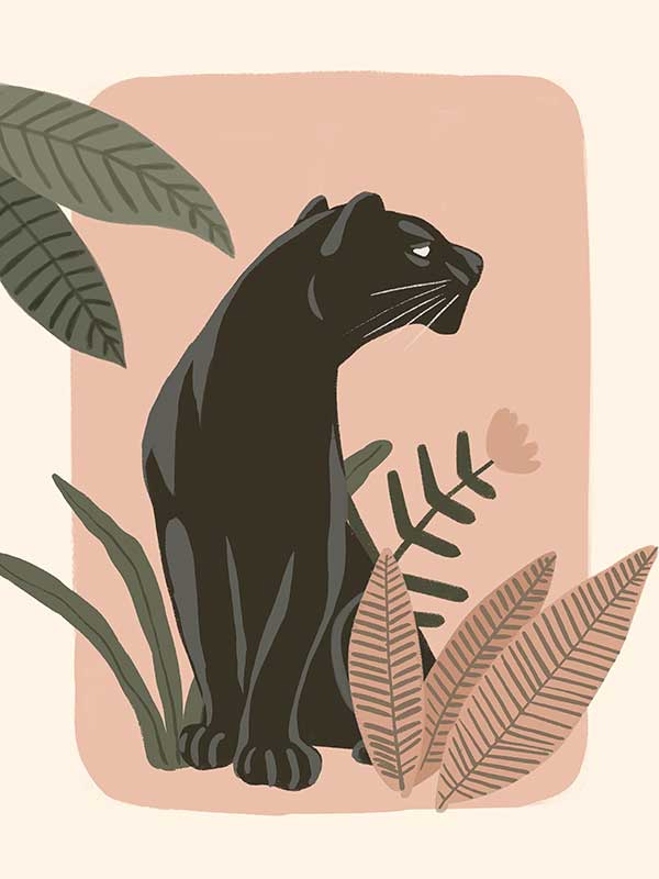 Sleek black panther resting among tropical leaves on a soft pink backdrop, from the Little Tails Collection by Urban Road.