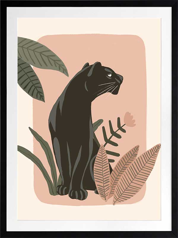 Sleek black panther resting among tropical leaves on a soft pink backdrop, from the Little Tails Collection by Urban Road.