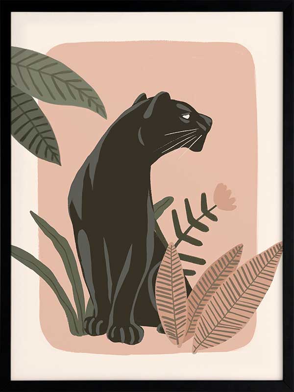 Sleek black panther resting among tropical leaves on a soft pink backdrop, from the Little Tails Collection by Urban Road.