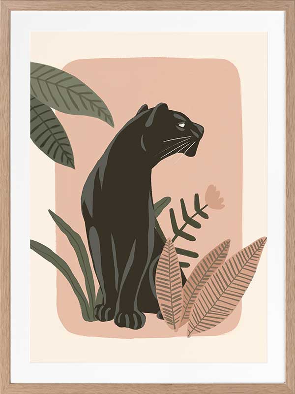Sleek black panther resting among tropical leaves on a soft pink backdrop, from the Little Tails Collection by Urban Road.