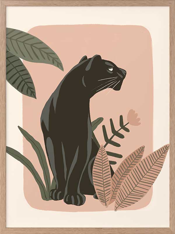 Sleek black panther resting among tropical leaves on a soft pink backdrop, from the Little Tails Collection by Urban Road.