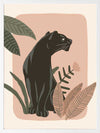 Sleek black panther resting among tropical leaves on a soft pink backdrop, from the Little Tails Collection by Urban Road.