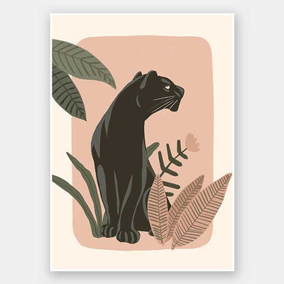Sleek black panther resting among tropical leaves on a soft pink backdrop, from the Little Tails Collection by Urban Road.