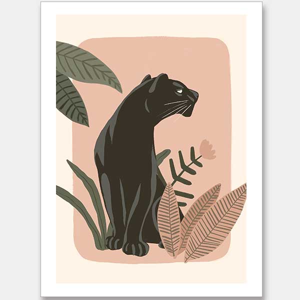 Sleek black panther resting among tropical leaves on a soft pink backdrop, from the Little Tails Collection by Urban Road.