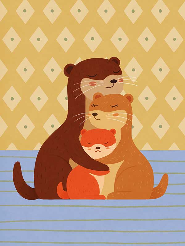 Sweet illustration of three otters cuddling on blue stripes with a patterned golden backdrop, from the Little Tails Collection by Urban Road.