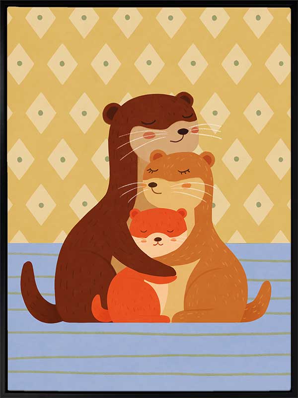 Sweet illustration of three otters cuddling on blue stripes with a patterned golden backdrop, from the Little Tails Collection by Urban Road.