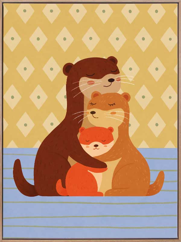 Sweet illustration of three otters cuddling on blue stripes with a patterned golden backdrop, from the Little Tails Collection by Urban Road.