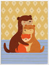 Sweet illustration of three otters cuddling on blue stripes with a patterned golden backdrop, from the Little Tails Collection by Urban Road.