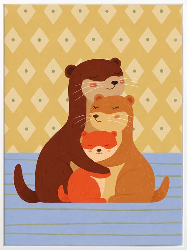 Sweet illustration of three otters cuddling on blue stripes with a patterned golden backdrop, from the Little Tails Collection by Urban Road.