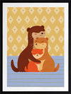 Sweet illustration of three otters cuddling on blue stripes with a patterned golden backdrop, from the Little Tails Collection by Urban Road.