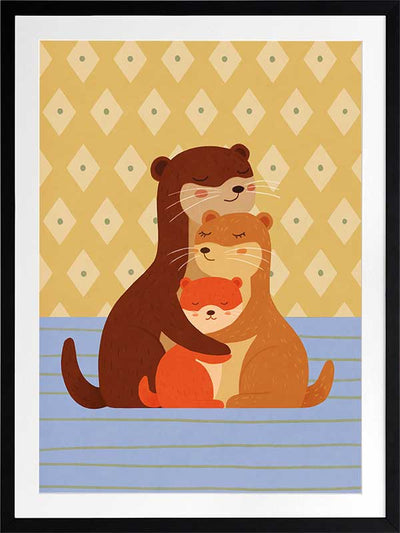 Sweet illustration of three otters cuddling on blue stripes with a patterned golden backdrop, from the Little Tails Collection by Urban Road.