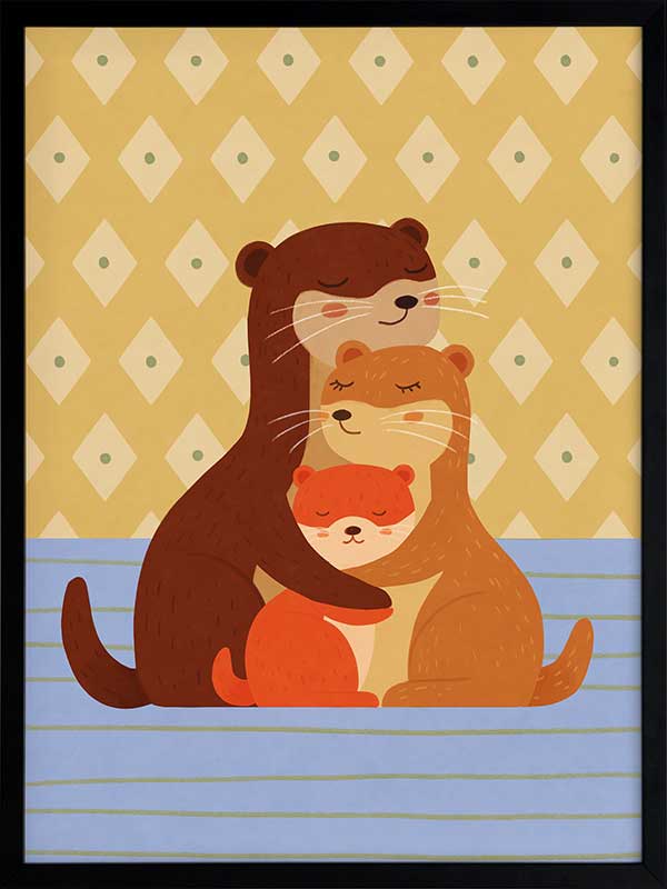 Sweet illustration of three otters cuddling on blue stripes with a patterned golden backdrop, from the Little Tails Collection by Urban Road.