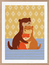 Sweet illustration of three otters cuddling on blue stripes with a patterned golden backdrop, from the Little Tails Collection by Urban Road.