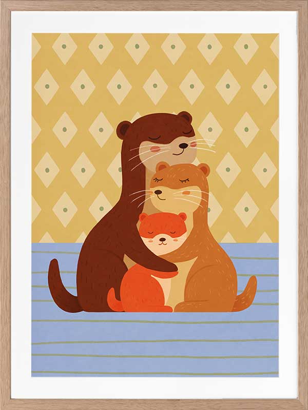 Sweet illustration of three otters cuddling on blue stripes with a patterned golden backdrop, from the Little Tails Collection by Urban Road.