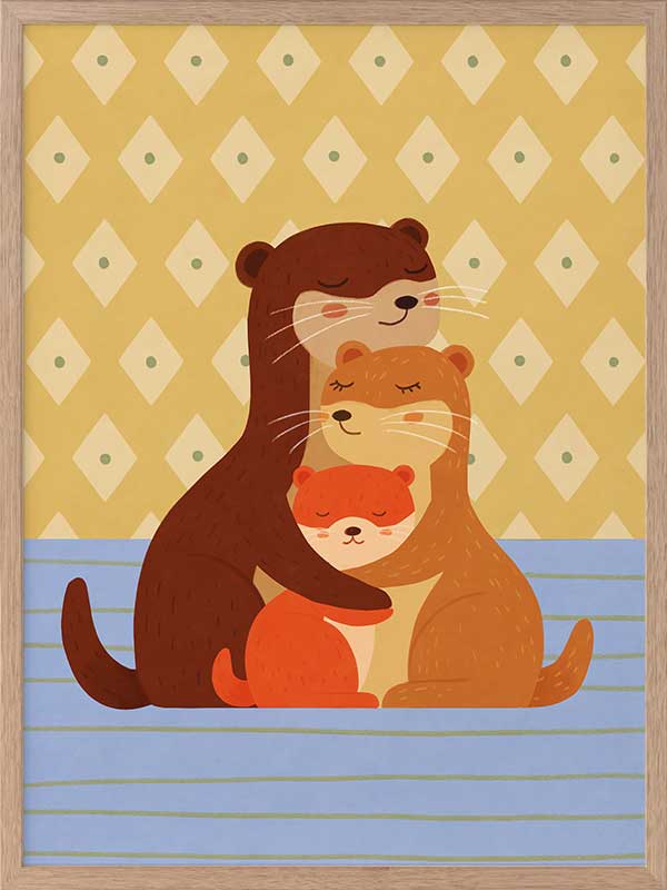 Sweet illustration of three otters cuddling on blue stripes with a patterned golden backdrop, from the Little Tails Collection by Urban Road.