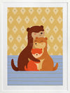 Sweet illustration of three otters cuddling on blue stripes with a patterned golden backdrop, from the Little Tails Collection by Urban Road.
