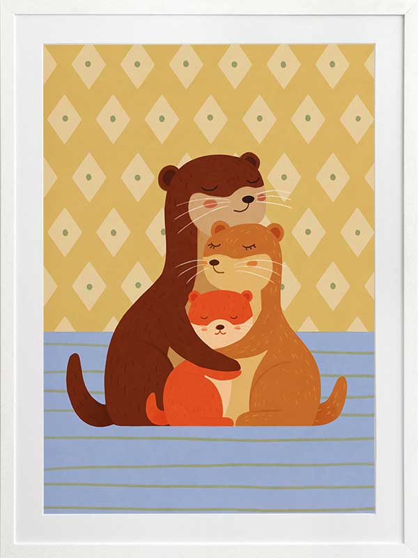 Sweet illustration of three otters cuddling on blue stripes with a patterned golden backdrop, from the Little Tails Collection by Urban Road.