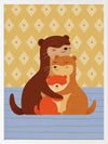 Sweet illustration of three otters cuddling on blue stripes with a patterned golden backdrop, from the Little Tails Collection by Urban Road.