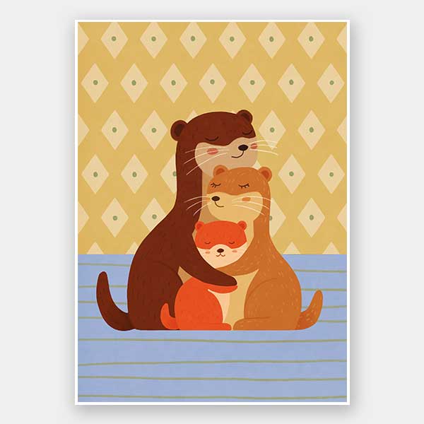 Sweet illustration of three otters cuddling on blue stripes with a patterned golden backdrop, from the Little Tails Collection by Urban Road.