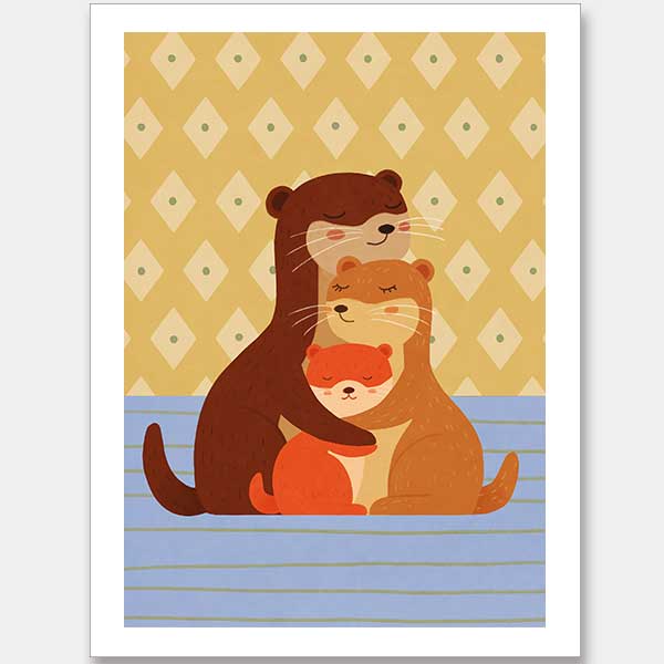 Sweet illustration of three otters cuddling on blue stripes with a patterned golden backdrop, from the Little Tails Collection by Urban Road.