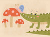 Playful scene of a friendly green crocodile meeting a tiny snail among spotted mushrooms, from the Little Tails Collection by Urban Road.