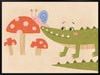 Playful scene of a friendly green crocodile meeting a tiny snail among spotted mushrooms, from the Little Tails Collection by Urban Road.